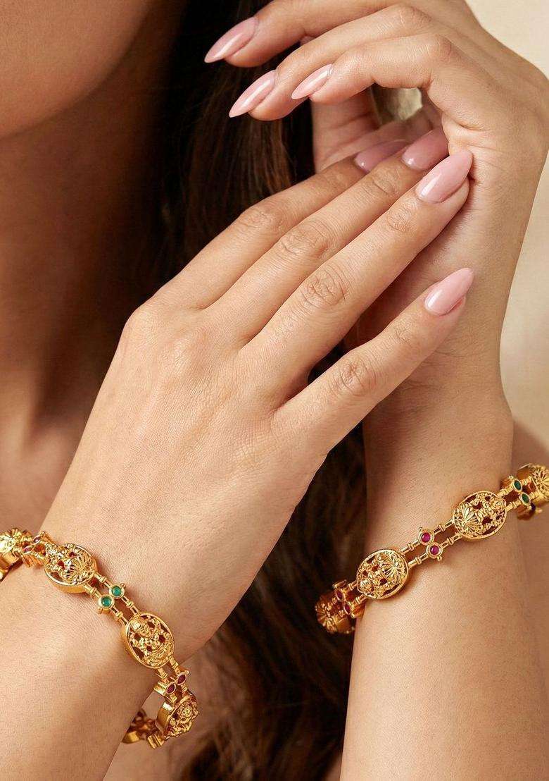 Green Set of 2 Gold-Plated Temple American Diamond Bangle for Women | Traditional Temple Jewellery for Wedding & Festive Wear | Gift for Her - Indya