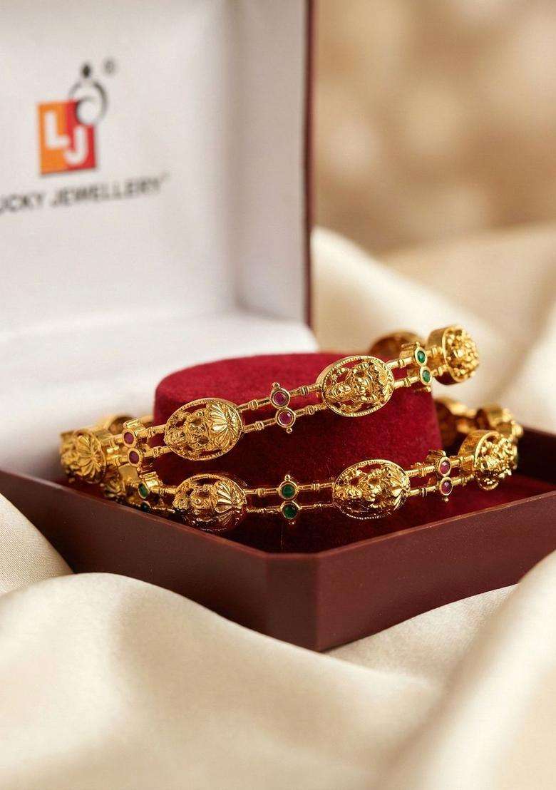 Green Set of 2 Gold-Plated Temple American Diamond Bangle for Women | Traditional Temple Jewellery for Wedding & Festive Wear | Gift for Her - Indya
