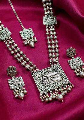 Silver-Plated Sliver-Plated Shree Ram Temple Oxidised Necklace & Earrings and Set for Women | Traditional Temple Jewellery for Wedding & Festive Wear | Gift for Her