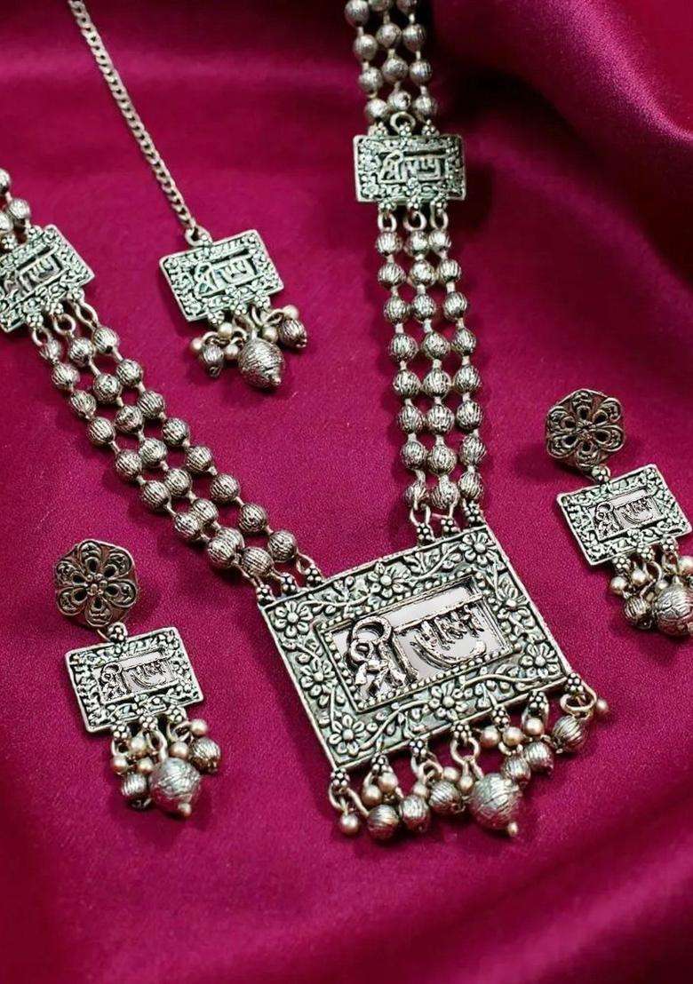 Silver-Plated Sliver-Plated Shree Ram Temple Oxidised Necklace & Earrings and Set for Women | Traditional Temple Jewellery for Wedding & Festive Wear | Gift for Her - Indya