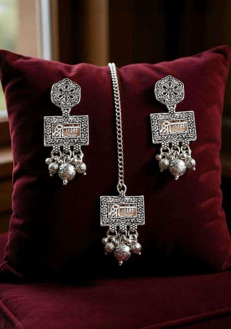 Silver-Plated Sliver-Plated Shree Ram Temple Oxidised Necklace & Earrings and Set for Women | Traditional Temple Jewellery for Wedding & Festive Wear | Gift for Her - Indya