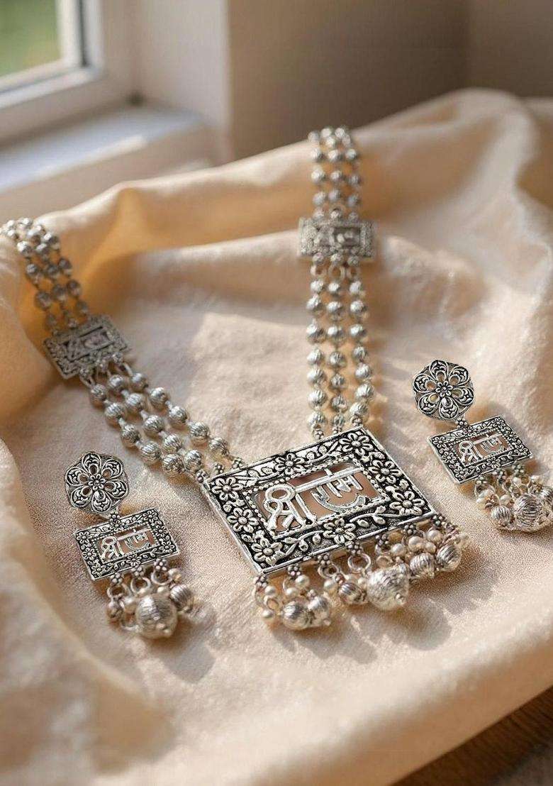 Silver-Plated Sliver-Plated Shree Ram Temple Oxidised Necklace & Earrings and Set for Women | Traditional Temple Jewellery for Wedding & Festive Wear | Gift for Her - Indya