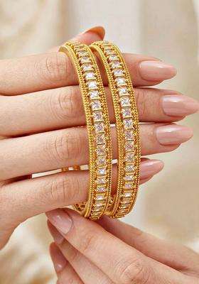 White Set of 2 Gold-Plated Temple American Diamond Bangle for Women | Traditional Temple Jewellery for Wedding & Festive Wear | Gift for Her