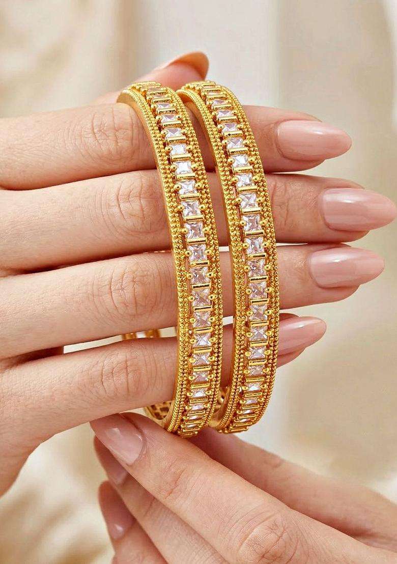 White Set of 2 Gold-Plated Temple American Diamond Bangle for Women | Traditional Temple Jewellery for Wedding & Festive Wear | Gift for Her - Indya