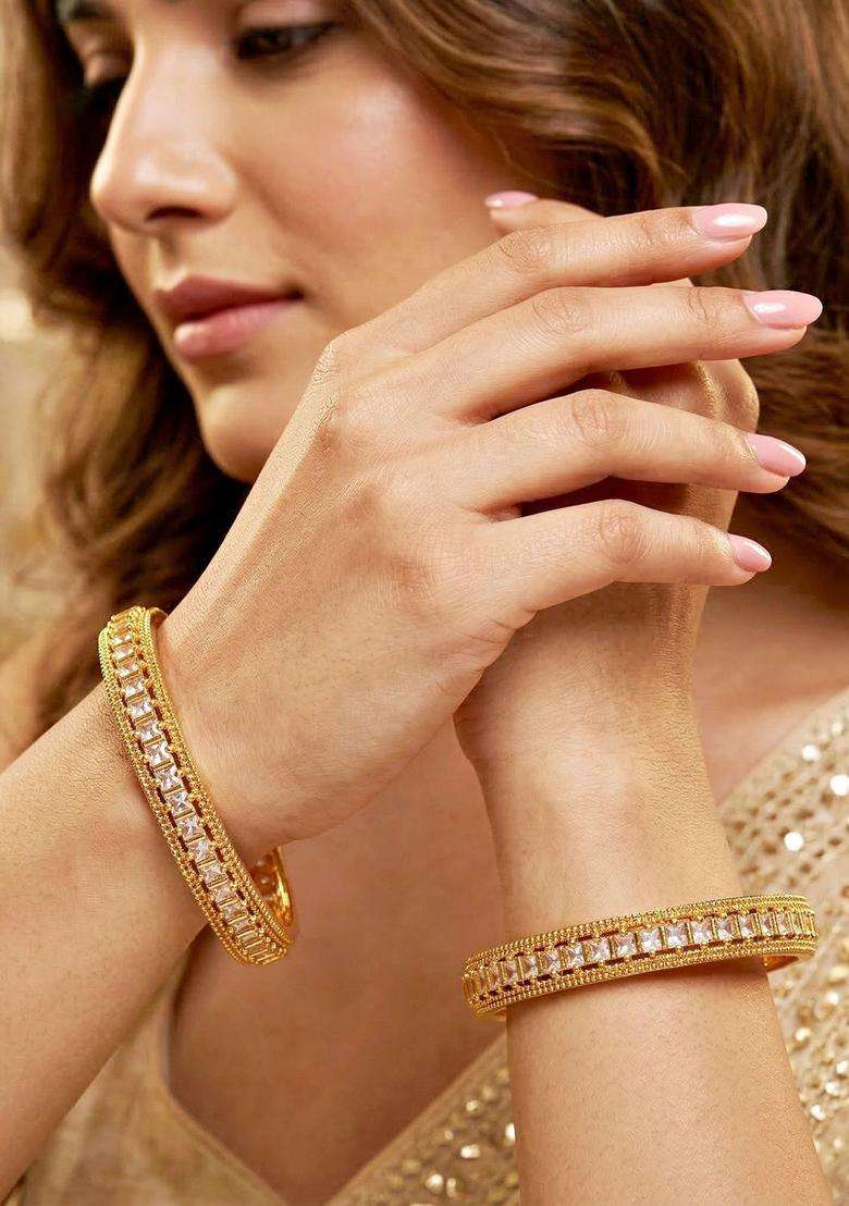 White Set of 2 Gold-Plated Temple American Diamond Bangle for Women | Traditional Temple Jewellery for Wedding & Festive Wear | Gift for Her - Indya