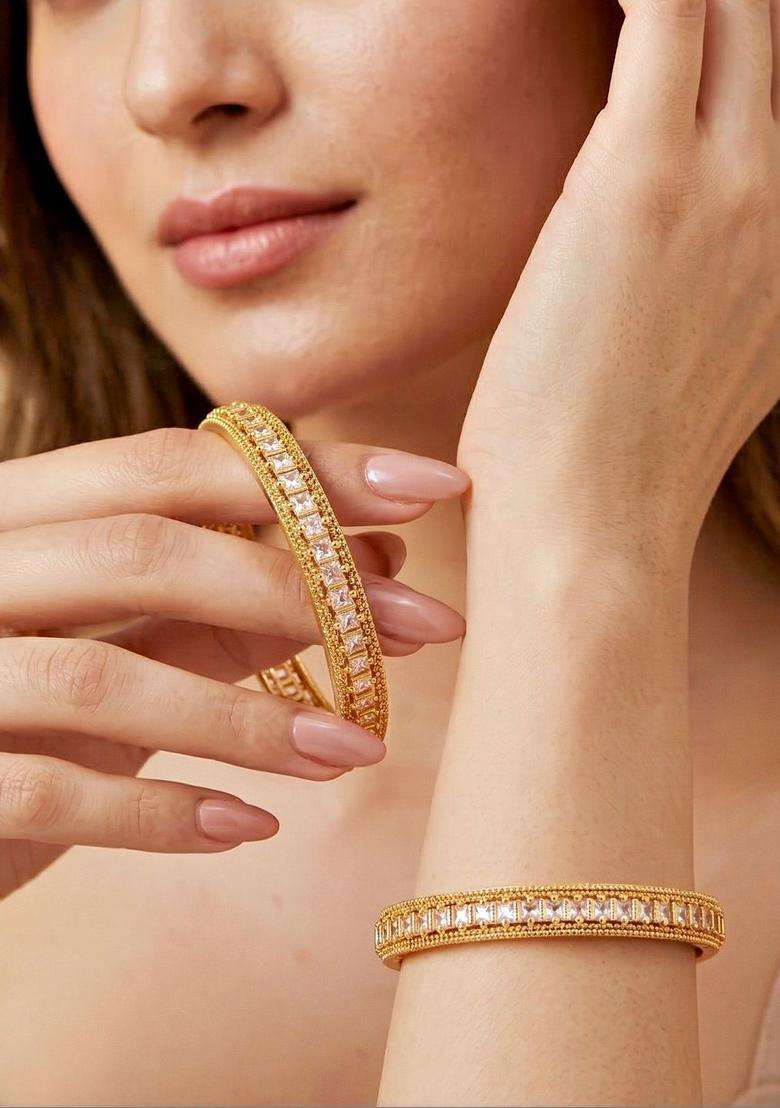 White Set of 2 Gold-Plated Temple American Diamond Bangle for Women | Traditional Temple Jewellery for Wedding & Festive Wear | Gift for Her - Indya