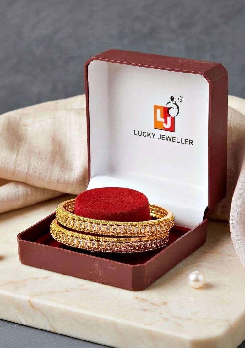 White Set of 2 Gold-Plated Temple American Diamond Bangle for Women | Traditional Temple Jewellery for Wedding & Festive Wear | Gift for Her - Indya