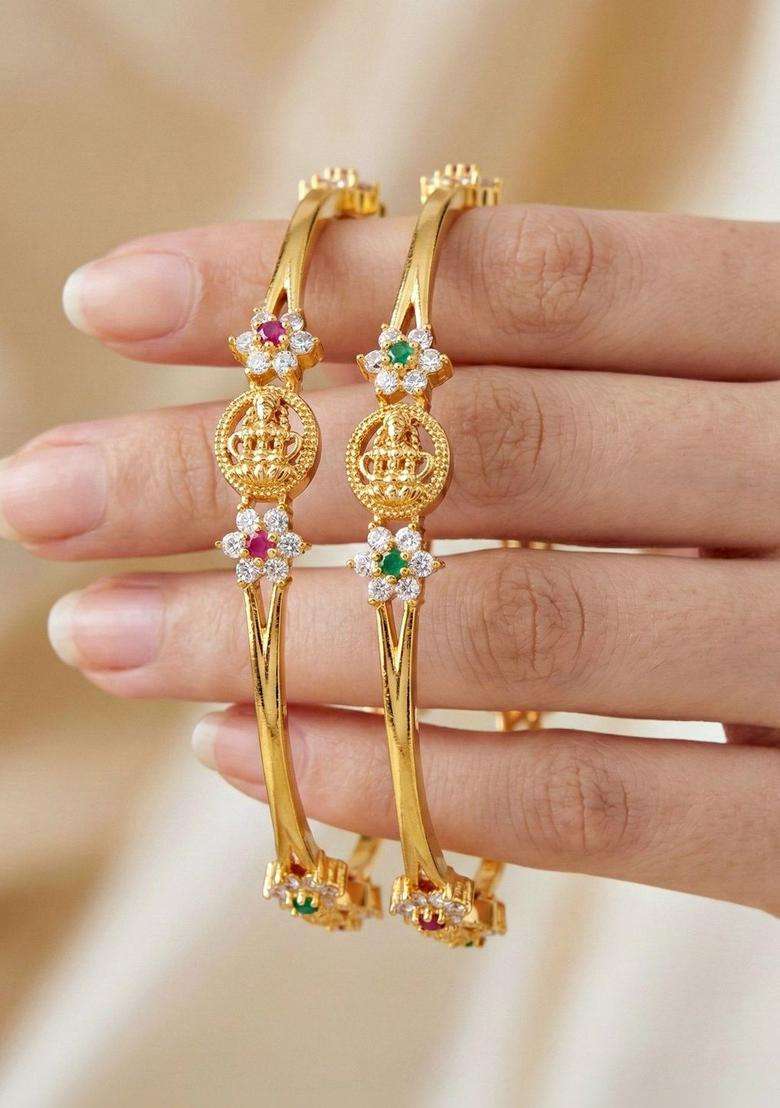 Green Set of 2 Gold-Plated Temple American Diamond Bangle for Women | Traditional Temple Jewellery for Wedding & Festive Wear | Gift for Her - Indya