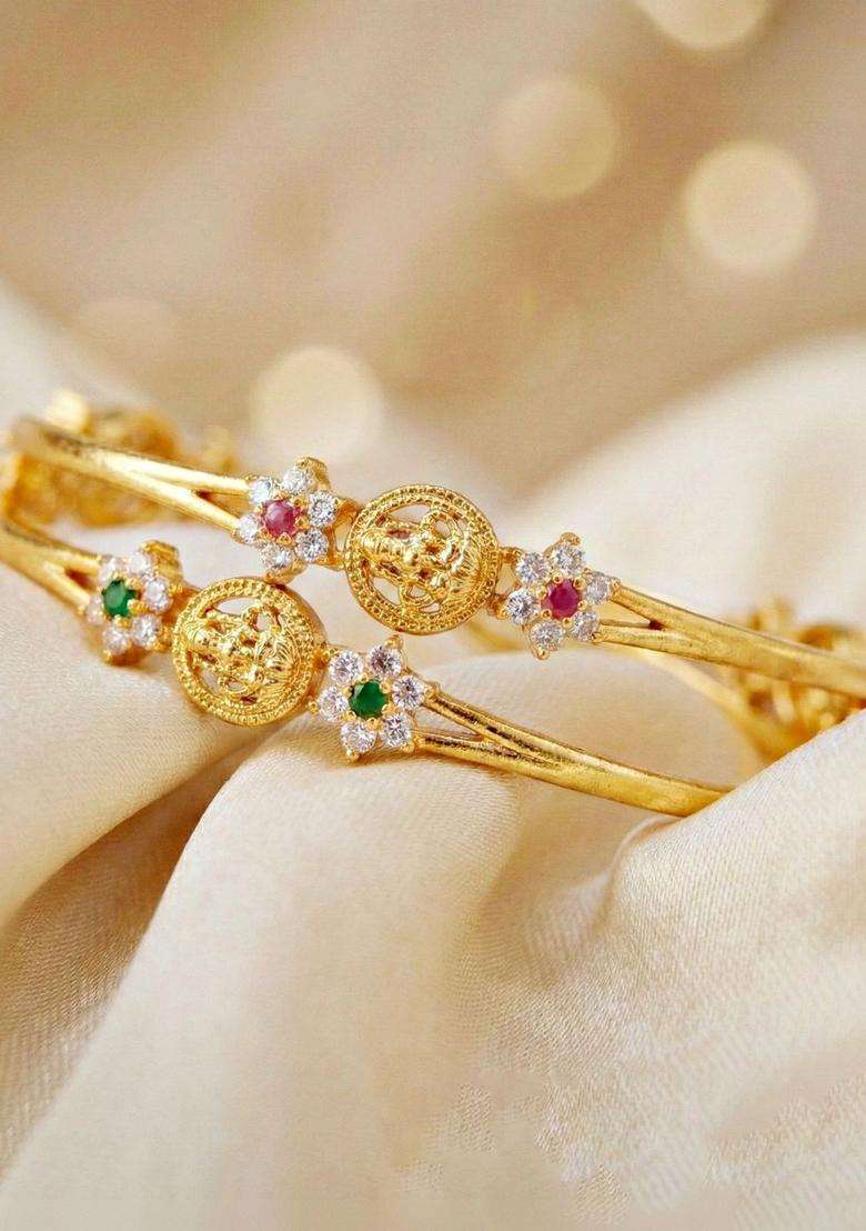 Green Set of 2 Gold-Plated Temple American Diamond Bangle for Women | Traditional Temple Jewellery for Wedding & Festive Wear | Gift for Her - Indya