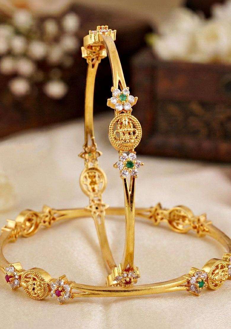 Green Set of 2 Gold-Plated Temple American Diamond Bangle for Women | Traditional Temple Jewellery for Wedding & Festive Wear | Gift for Her - Indya
