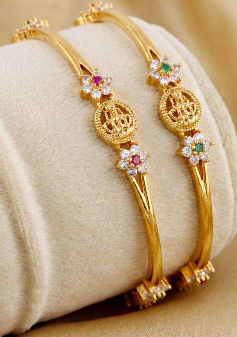 Green Set of 2 Gold-Plated Temple American Diamond Bangle for Women | Traditional Temple Jewellery for Wedding & Festive Wear | Gift for Her - Indya