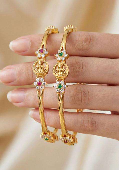 Green Set of 2 Gold-Plated Temple American Diamond Bangle for Women | Traditional Temple Jewellery for Wedding & Festive Wear | Gift for Her