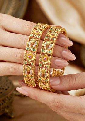 Green Set of 2 Gold-Plated Temple American Diamond Bangle for Women | Traditional Temple Jewellery for Wedding & Festive Wear | Gift for Her