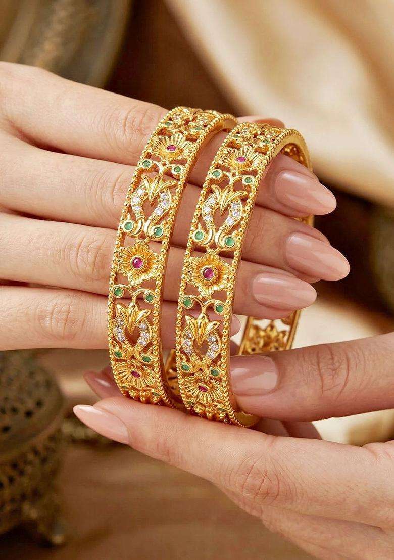 Green Set of 2 Gold-Plated Temple American Diamond Bangle for Women | Traditional Temple Jewellery for Wedding & Festive Wear | Gift for Her - Indya