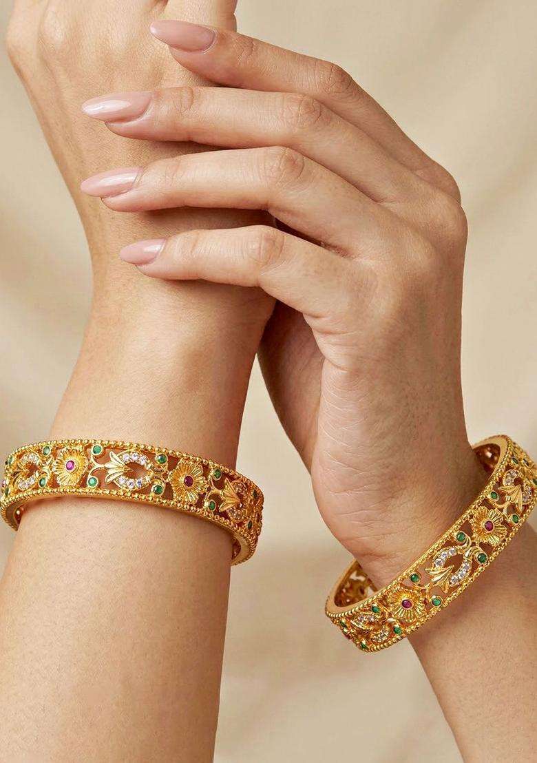 Green Set of 2 Gold-Plated Temple American Diamond Bangle for Women | Traditional Temple Jewellery for Wedding & Festive Wear | Gift for Her - Indya