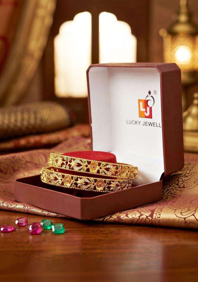 Green Set of 2 Gold-Plated Temple American Diamond Bangle for Women | Traditional Temple Jewellery for Wedding & Festive Wear | Gift for Her - Indya