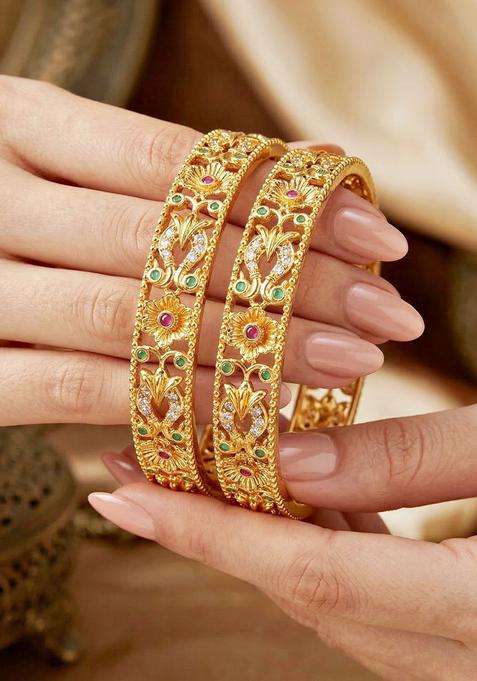 Green Set of 2 Gold-Plated Temple American Diamond Bangle for Women | Traditional Temple Jewellery for Wedding & Festive Wear | Gift for Her
