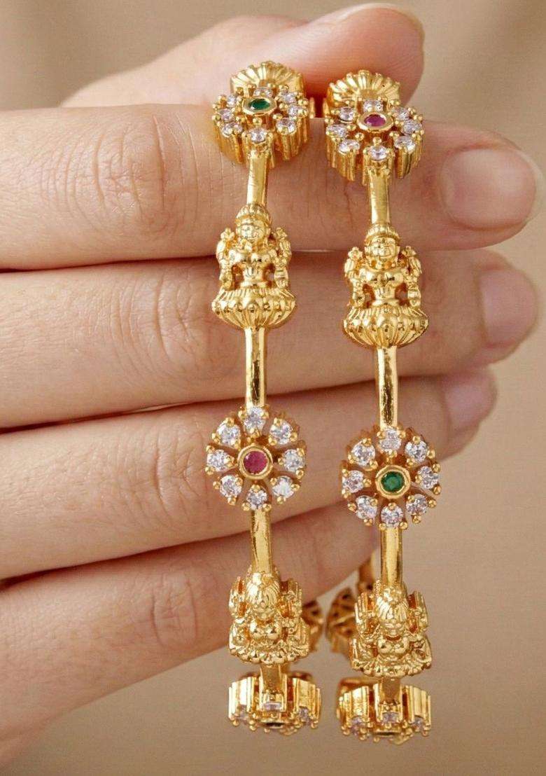 Green Set of 2 Gold-Plated Temple American Diamond Bangle for Women | Traditional Temple Jewellery for Wedding & Festive Wear | Gift for Her - Indya