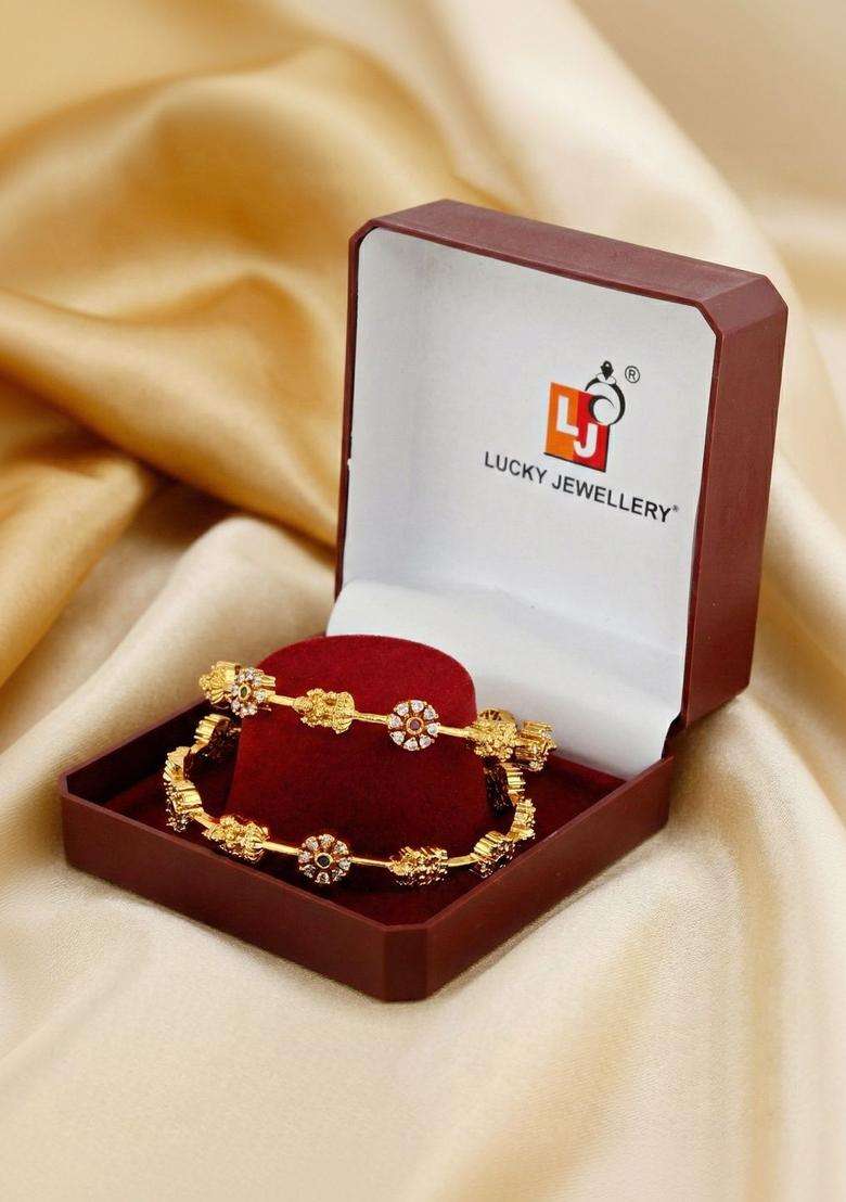 Green Set of 2 Gold-Plated Temple American Diamond Bangle for Women | Traditional Temple Jewellery for Wedding & Festive Wear | Gift for Her - Indya