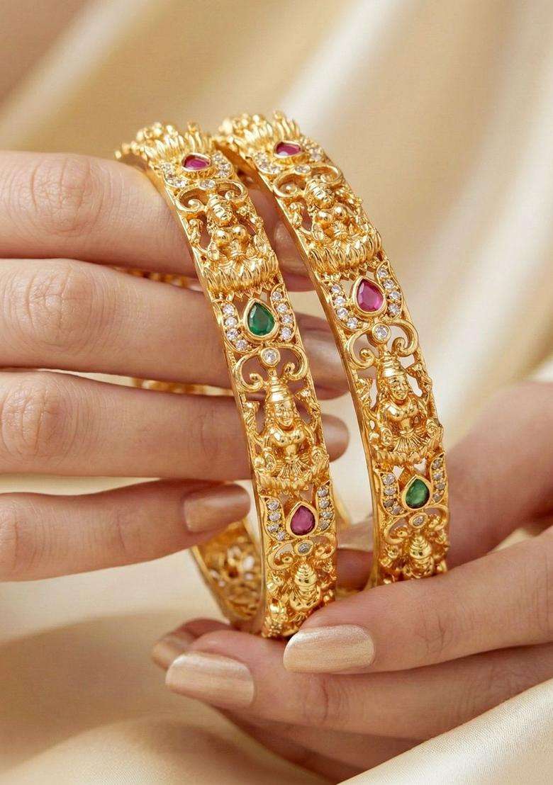 Green Set of 2 Gold-Plated Temple American Diamond Bangle for Women | Traditional Temple Jewellery for Wedding & Festive Wear | Gift for Her - Indya