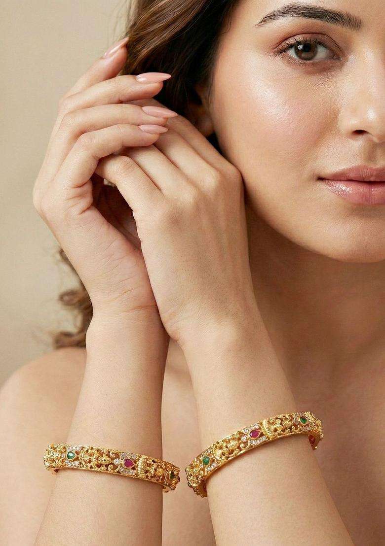 Green Set of 2 Gold-Plated Temple American Diamond Bangle for Women | Traditional Temple Jewellery for Wedding & Festive Wear | Gift for Her - Indya