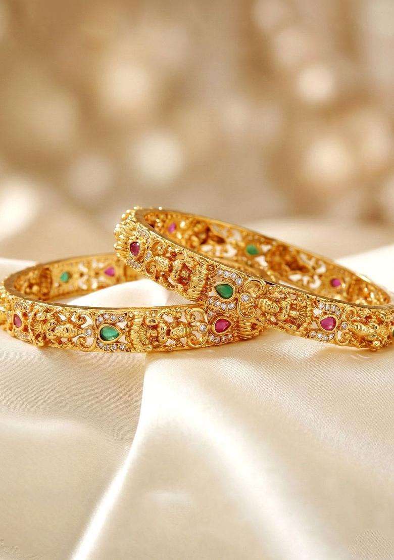 Green Set of 2 Gold-Plated Temple American Diamond Bangle for Women | Traditional Temple Jewellery for Wedding & Festive Wear | Gift for Her - Indya