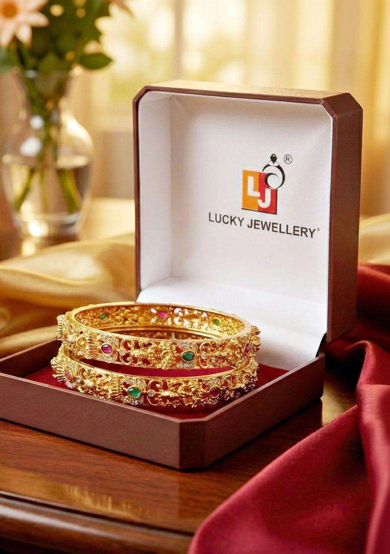 Green Set of 2 Gold-Plated Temple American Diamond Bangle for Women | Traditional Temple Jewellery for Wedding & Festive Wear | Gift for Her - Indya