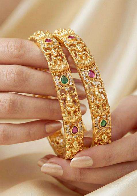 Green Set of 2 Gold-Plated Temple American Diamond Bangle for Women | Traditional Temple Jewellery for Wedding & Festive Wear | Gift for Her