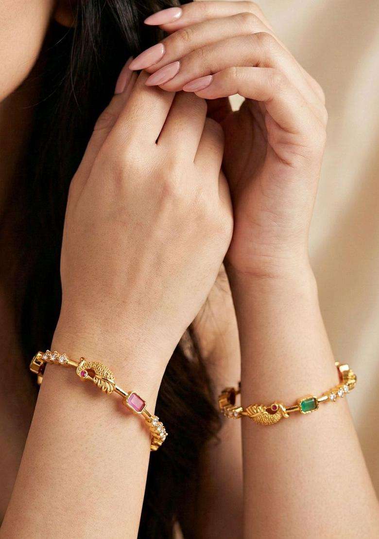 Green Set of 2 Gold-Plated Temple American Diamond Bangle for Women | Traditional Temple Jewellery for Wedding & Festive Wear | Gift for Her - Indya