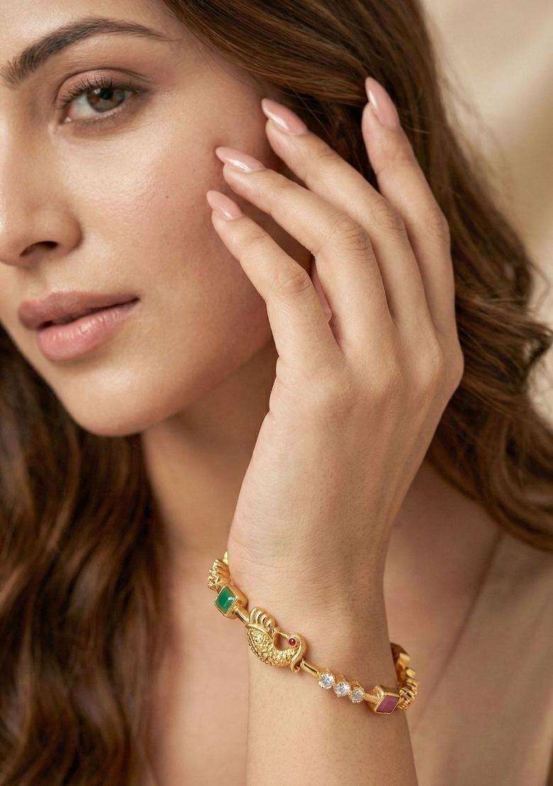 Green Set of 2 Gold-Plated Temple American Diamond Bangle for Women | Traditional Temple Jewellery for Wedding & Festive Wear | Gift for Her - Indya