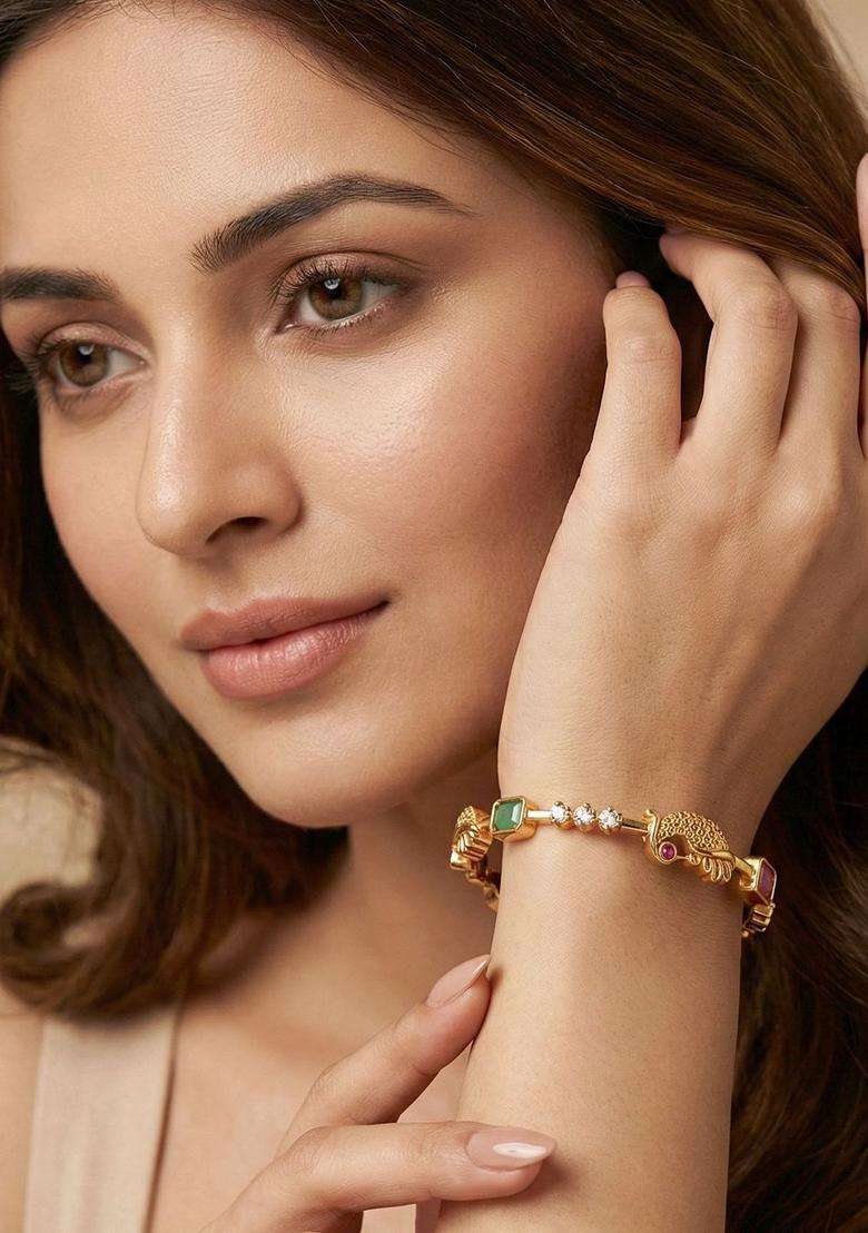Green Set of 2 Gold-Plated Temple American Diamond Bangle for Women | Traditional Temple Jewellery for Wedding & Festive Wear | Gift for Her - Indya