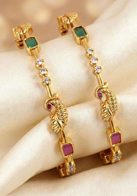 Green Set of 2 Gold-Plated Temple American Diamond Bangle for Women | Traditional Temple Jewellery for Wedding & Festive Wear | Gift for Her