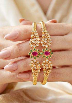 Green Set of 2 Gold-Plated Temple American Diamond Bangle for Women | Traditional Temple Jewellery for Wedding & Festive Wear | Gift for Her