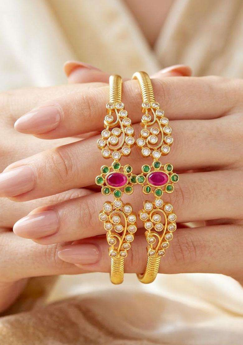 Green Set of 2 Gold-Plated Temple American Diamond Bangle for Women | Traditional Temple Jewellery for Wedding & Festive Wear | Gift for Her - Indya