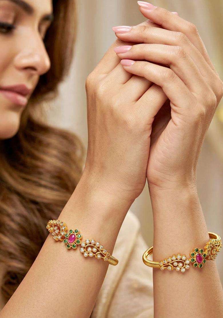 Green Set of 2 Gold-Plated Temple American Diamond Bangle for Women | Traditional Temple Jewellery for Wedding & Festive Wear | Gift for Her - Indya