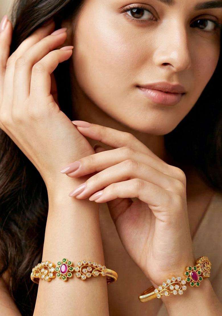Green Set of 2 Gold-Plated Temple American Diamond Bangle for Women | Traditional Temple Jewellery for Wedding & Festive Wear | Gift for Her - Indya