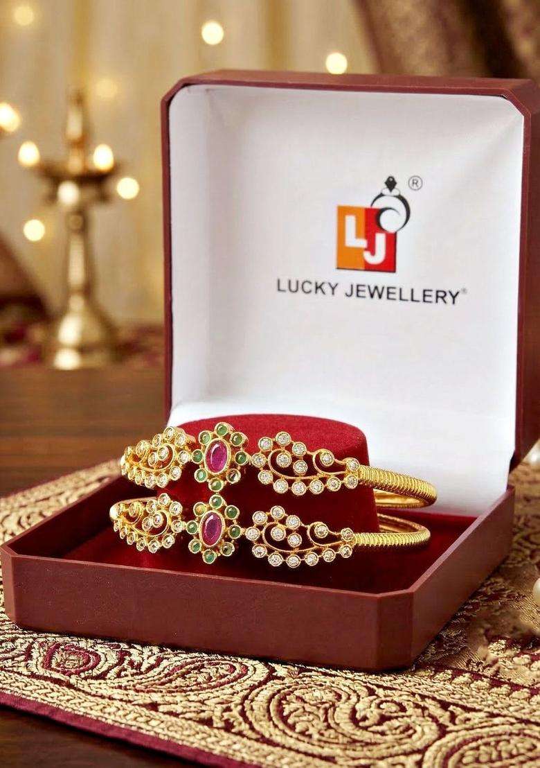 Green Set of 2 Gold-Plated Temple American Diamond Bangle for Women | Traditional Temple Jewellery for Wedding & Festive Wear | Gift for Her - Indya