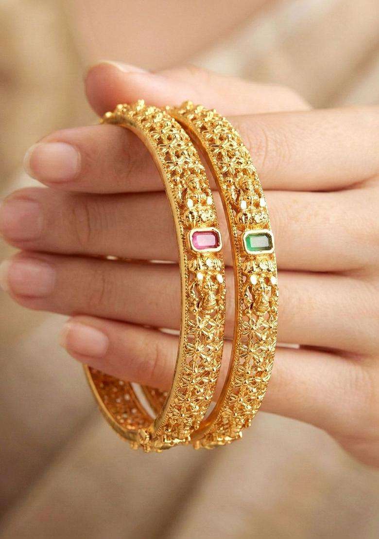 Green Set of 2 Gold-Plated Temple American Diamond Bangle for Women | Traditional Temple Jewellery for Wedding & Festive Wear | Gift for Her - Indya