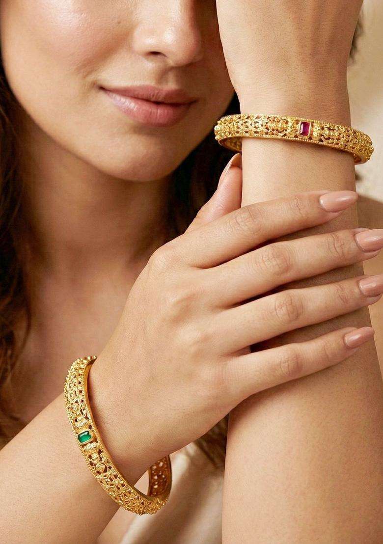 Green Set of 2 Gold-Plated Temple American Diamond Bangle for Women | Traditional Temple Jewellery for Wedding & Festive Wear | Gift for Her - Indya