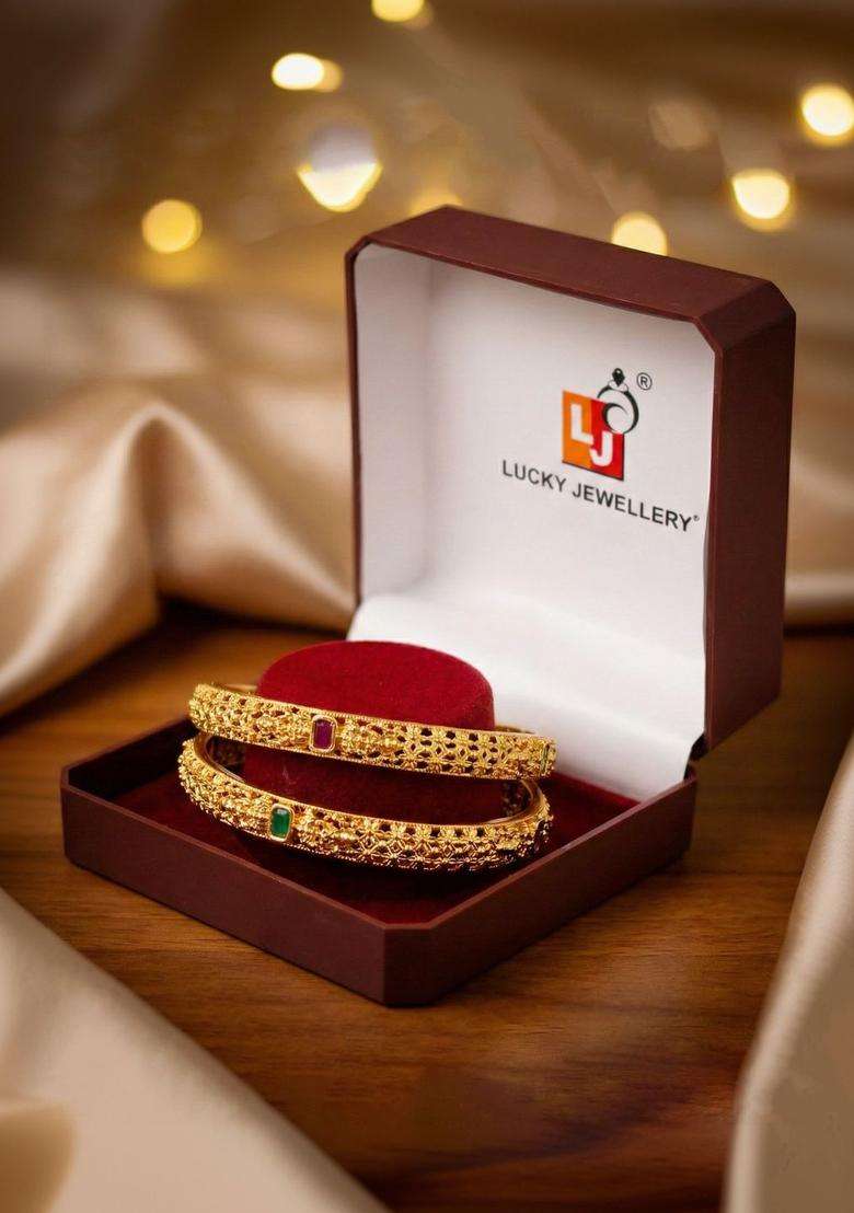 Green Set of 2 Gold-Plated Temple American Diamond Bangle for Women | Traditional Temple Jewellery for Wedding & Festive Wear | Gift for Her - Indya