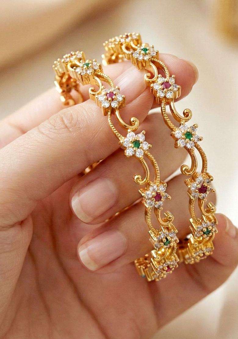 Green Set of 2 Gold-Plated & American Diamond-Studded Bangles for Women | Traditional Temple Jewellery for Wedding & Festive Wear | Gift for Her - Indya