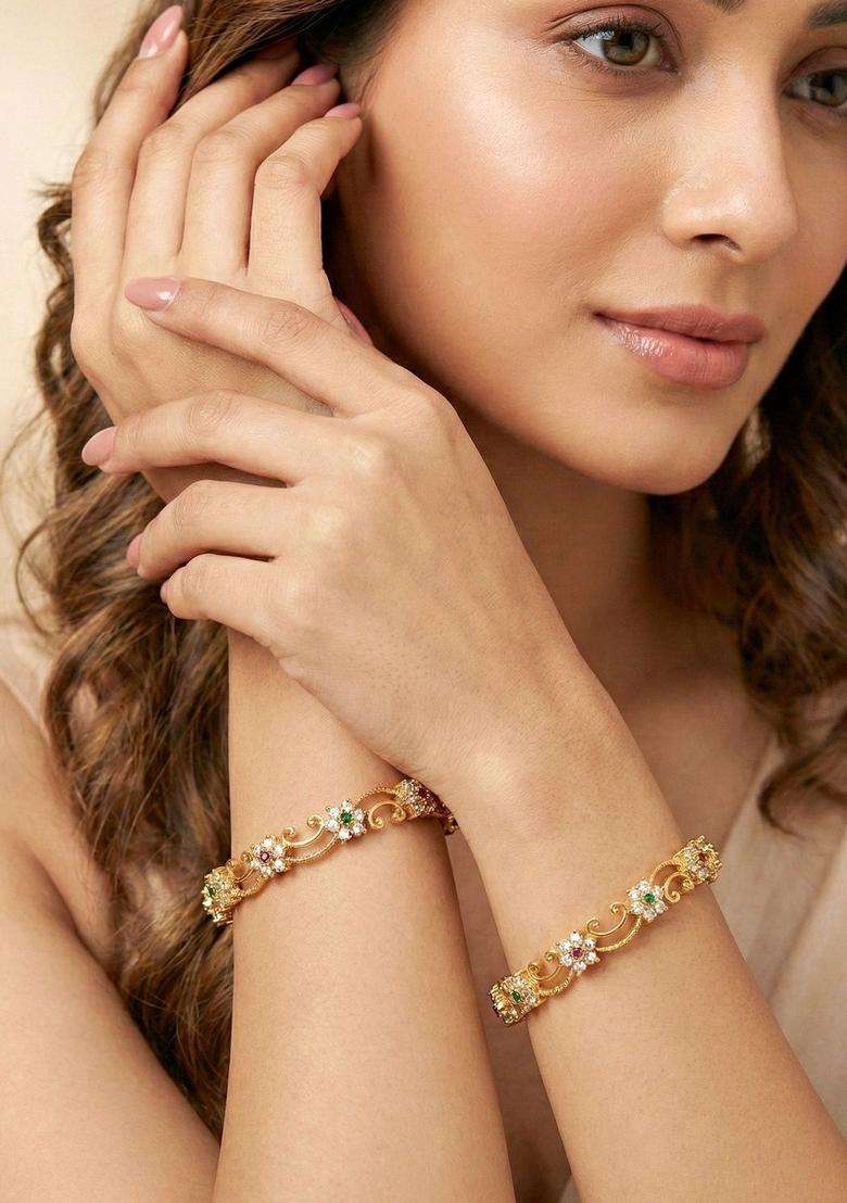 Green Set of 2 Gold-Plated & American Diamond-Studded Bangles for Women | Traditional Temple Jewellery for Wedding & Festive Wear | Gift for Her - Indya