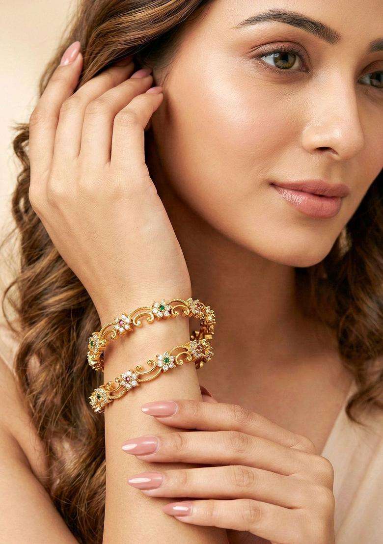Green Set of 2 Gold-Plated & American Diamond-Studded Bangles for Women | Traditional Temple Jewellery for Wedding & Festive Wear | Gift for Her - Indya