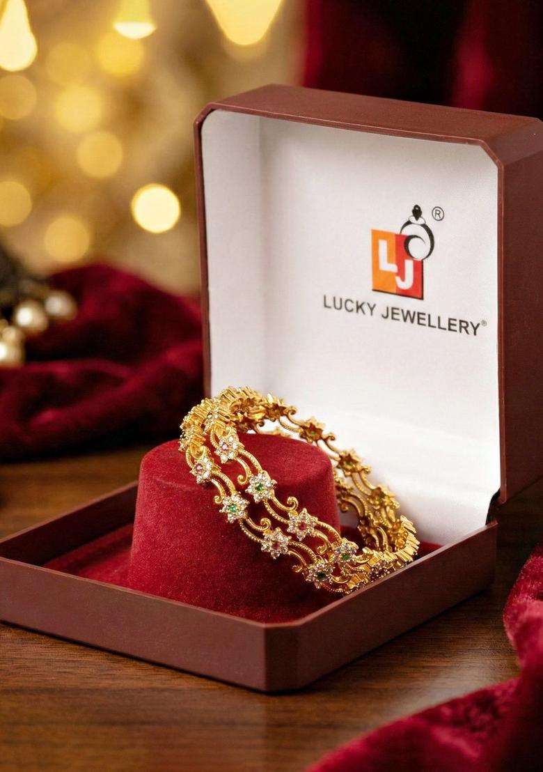 Green Set of 2 Gold-Plated & American Diamond-Studded Bangles for Women | Traditional Temple Jewellery for Wedding & Festive Wear | Gift for Her - Indya