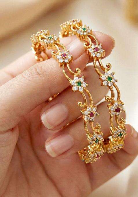 Green Set of 2 Gold-Plated & American Diamond-Studded Bangles for Women | Traditional Temple Jewellery for Wedding & Festive Wear | Gift for Her
