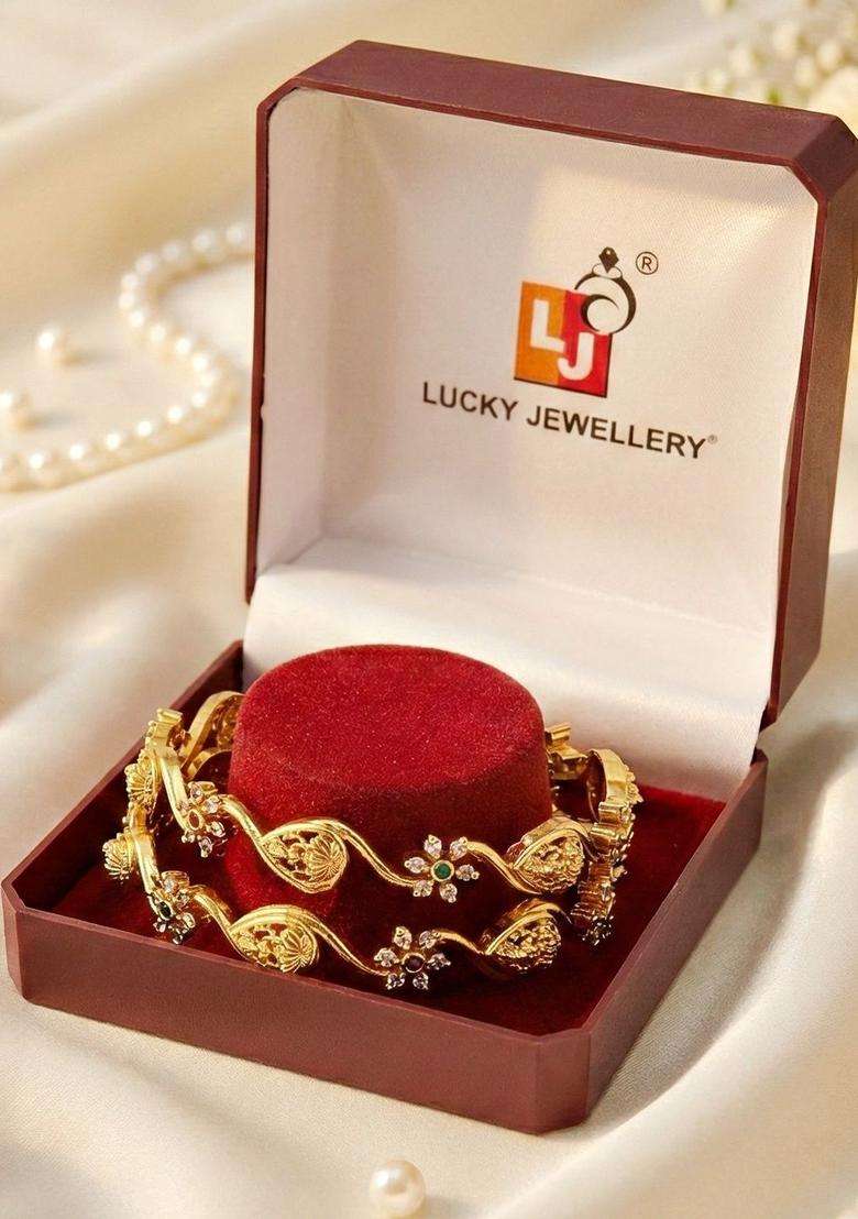 Set of 2 Gold-Plated Temple American Diamond Bangle for Women | Traditional Temple Jewellery for Wedding & Festive Wear | Gift for Her - Indya
