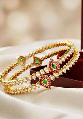 Green Set of 2 Gold-Plated Temple American Diamond Bangle for Women | Traditional Temple Jewellery for Wedding & Festive Wear | Gift for Her
