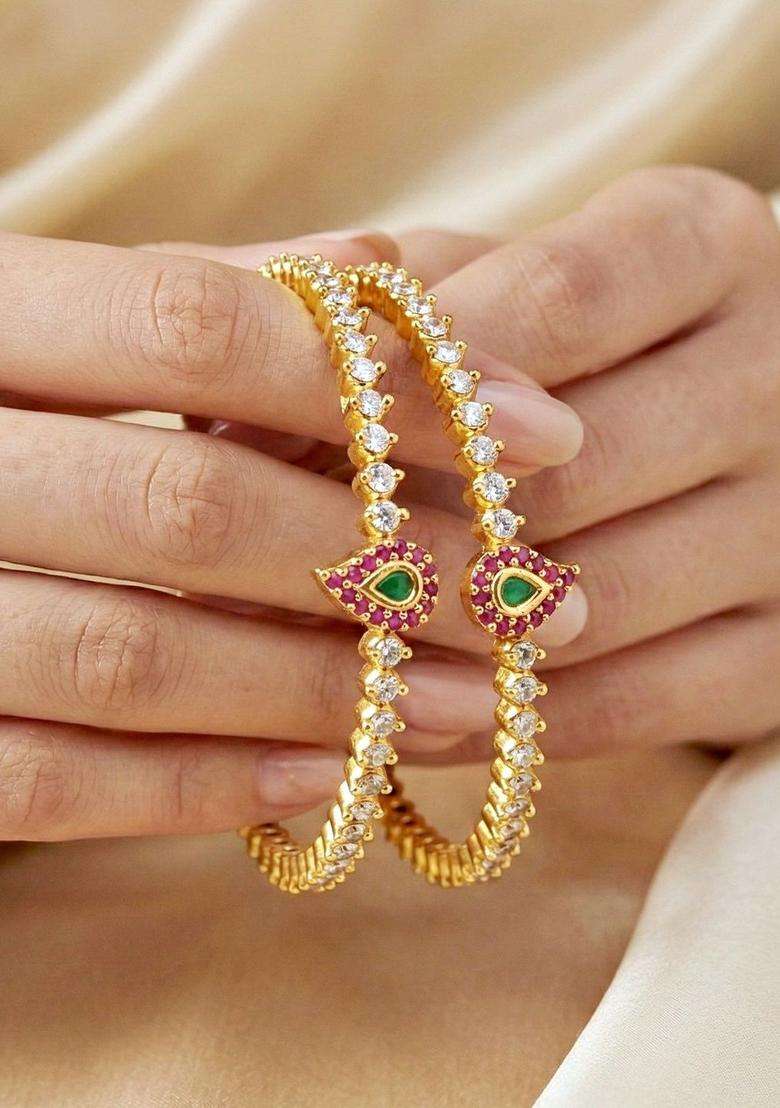 Green Set of 2 Gold-Plated Temple American Diamond Bangle for Women | Traditional Temple Jewellery for Wedding & Festive Wear | Gift for Her - Indya