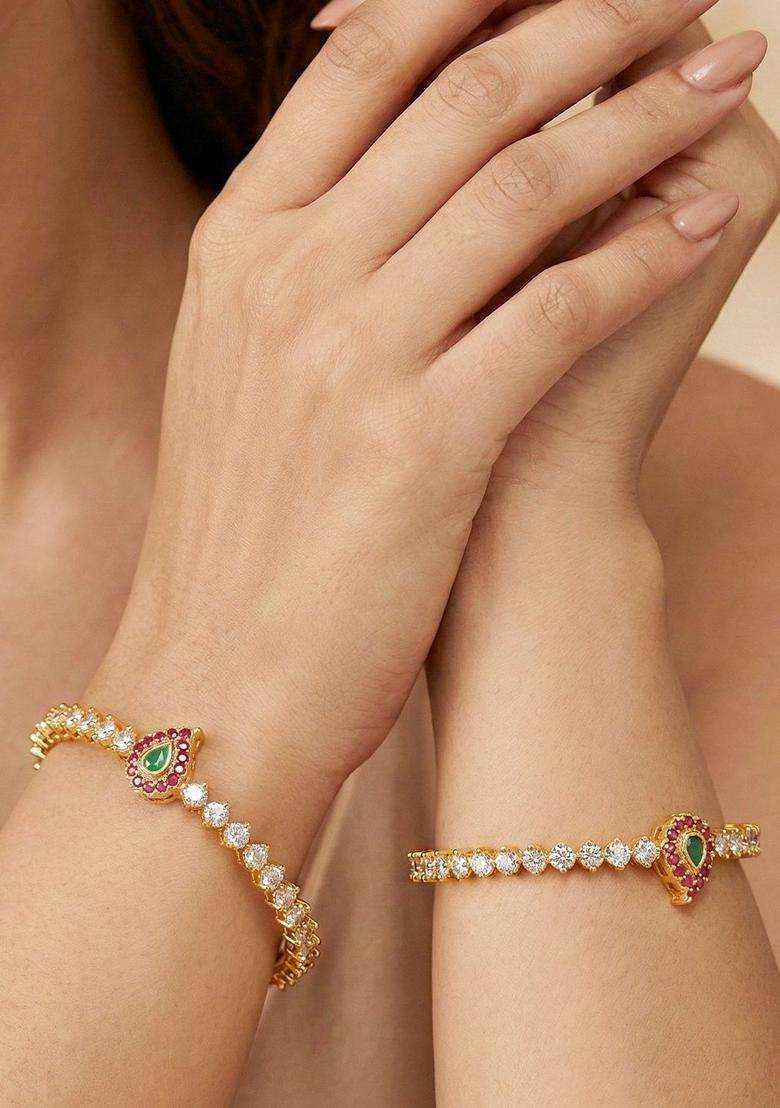 Green Set of 2 Gold-Plated Temple American Diamond Bangle for Women | Traditional Temple Jewellery for Wedding & Festive Wear | Gift for Her - Indya