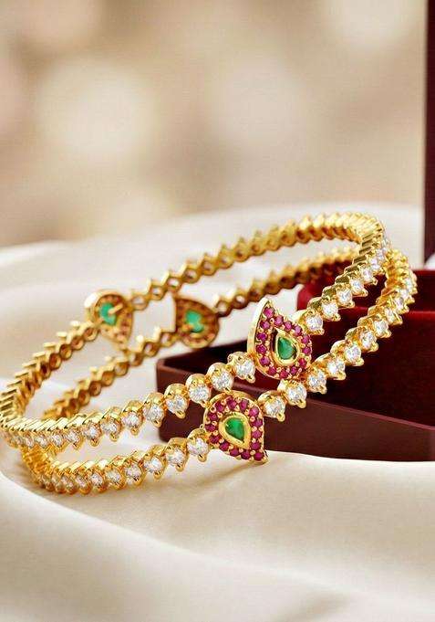 Green Set of 2 Gold-Plated Temple American Diamond Bangle for Women | Traditional Temple Jewellery for Wedding & Festive Wear | Gift for Her